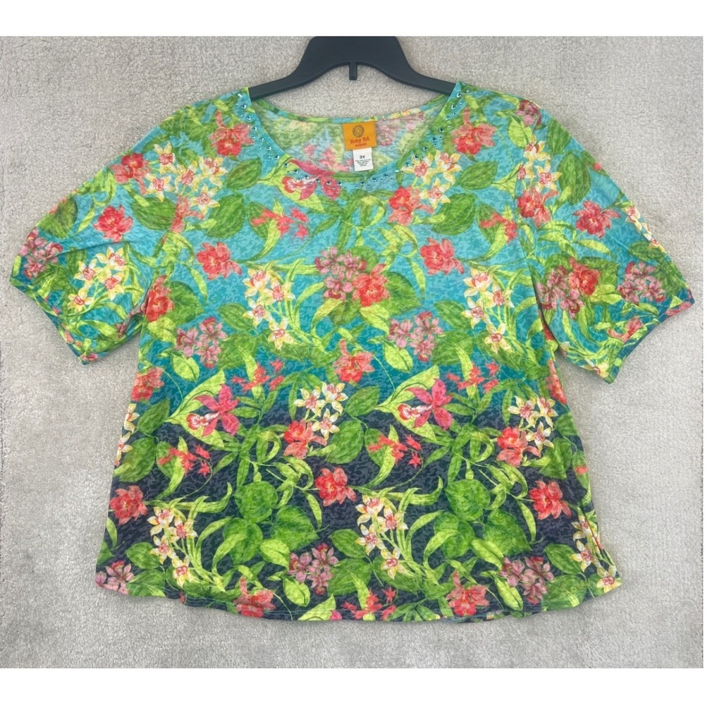 Ruby Rd Woman Floral Knit Top Womens 3X Blue Green Rhinestone Embellished Bright